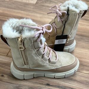 Sorel Kids Explorer III Tan and Pink Waterproof Snow Boots